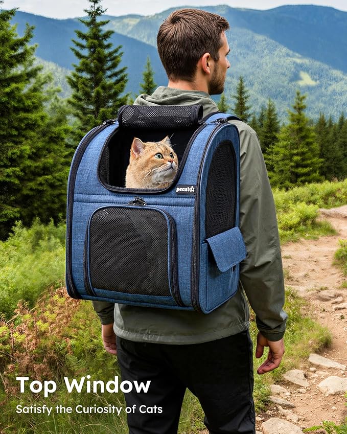Pecute Cat Backpack Carrier Expandable, Pet Backpack for Cats & Small Dogs Up to 11lbs, with 4-Side Breathable Mesh, Multi-Entry & Lockable Zippers for Travel, Hiking, Camping - Hands Free, Blue