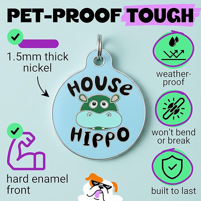 Bad Tags Personalized Dog and Cat ID Tags in 25+ Designs and 2 Sizes - 5 Lines of Custom Engraved Text - Funny Cute Personalized Pet Tags (House Hippo - Blue, Large (1.25 inch))