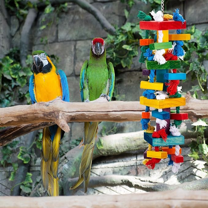 3 Pcs Extra Large Bird Parrot Toy Multicolored Natural Wooden Parrot Cage Chewing Toys for Large Medium Macaws Cockatoos African Grey Birds (Block and Rope)