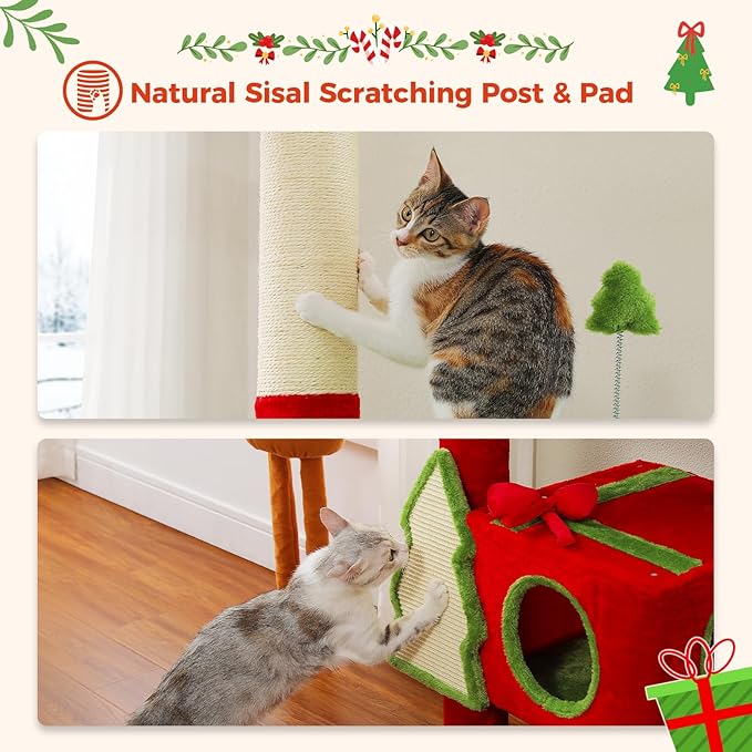 PETEPELA Floor to Ceiling Christmas Cat Tree, Tall Cat Tower (Adjustable Height 90.9-107.8 in) with 2 Large Condos, Scratching Posts & Detachable Cat Toys for Large Adult Cats, Red/Green