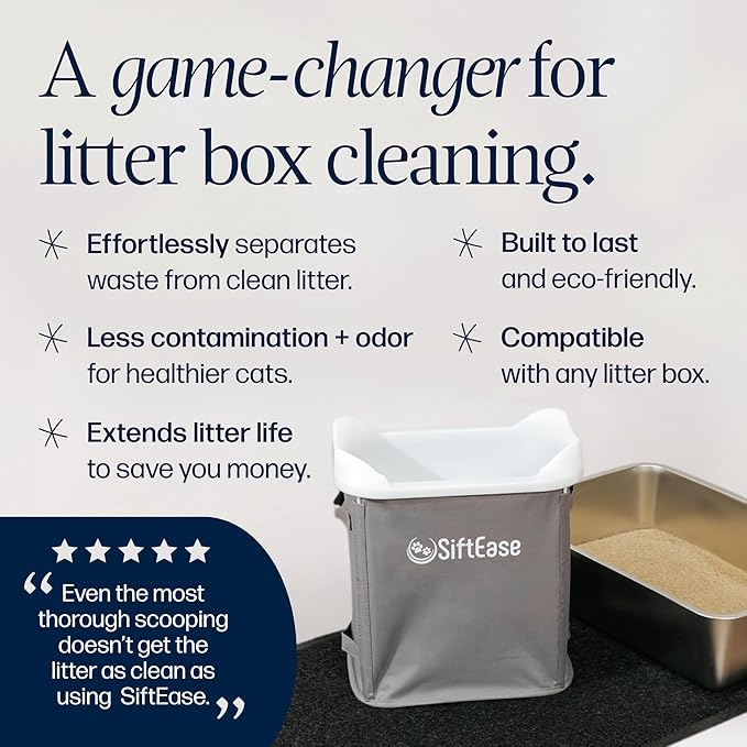 Cat Litter Sifter - SiftEase Litter Box Sifting, Fast & Easy Scoop Free Cleaner, Large Sifter with Bin for Longer Lasting Litter (Dark Grey)