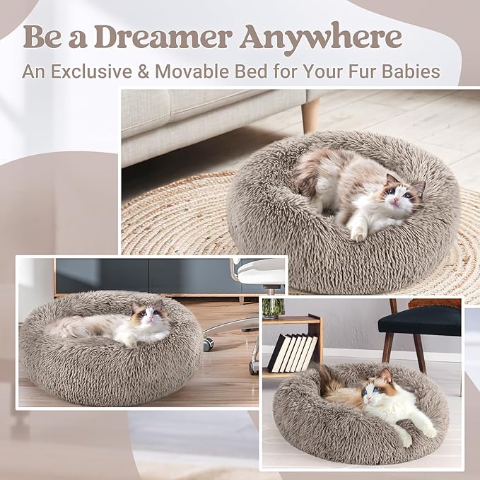 rabbitgoo Cat Beds for Indoor, 20 inches Machine Washable, Fluffy Round Pet Bed Non-Slip, Calming Soft Plush Donut Cuddler Cushion Self Warming for Small Dogs Kittens, Khaki, Medium
