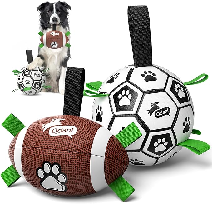QDAN Dog Soccer Ball Football Set - 2 PCS Dog Balls with Strap for Tug of War, Soccer Ball Football Toys for Small Medium Large Dogs, Herding Ball for Dogs, Dog Birthday Toy