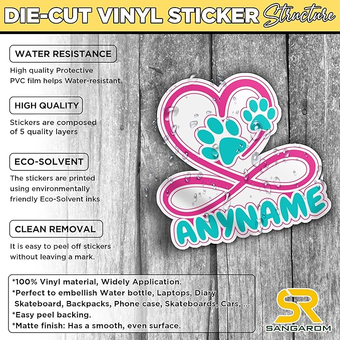 Custom Pet Name Sticker Personalized Text Infinity Heart Pawprint Animal Lovers Decal Waterproof Die Cut Vinyl & Transparent DTF Decal for Laptop Helmet Car Cup Phone Tablet for Male Female