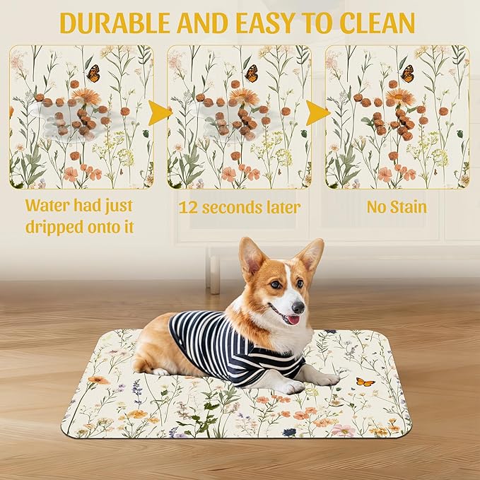Vintage Wildflowers Herbs Pet Feeding Mat, Absorbent Bowl Pad, Quick Dry, Non-Slip Base, No Stains – 12x20 Inch