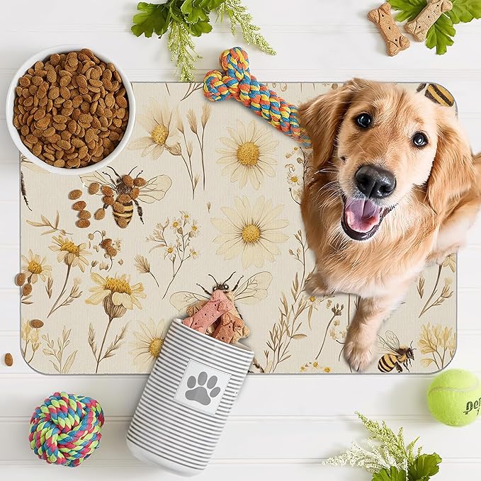 Bees Boho Daisy Floral Dog Food Mat for Floors,Absorbent Pet Food and Water Bowl Mats,Non-Slip Pet Feeding Mat,Pet Supplies 12" x 20"