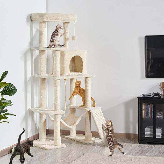 Yaheetech 54in Sturdy Cat Tree for Large Cats, Multi-Level Kitten Condo with Scratching Posts, Hammock & Top Perch, Indoor Pet Furniture for Kitties to Play, Climb, Scratch & Sleep, Beige
