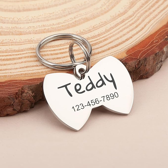 Anavia Personalized Pet ID Tags, Stainless Steel Glossy Laser Engraved Dog Cat Collar Name Tags, Multiple Colors Shapes Sizes (Bow Tie, Regular)