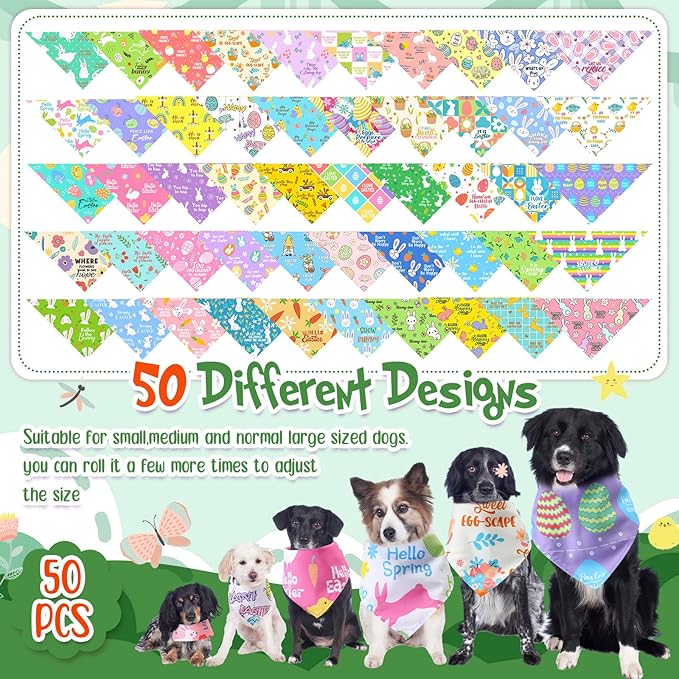 Chunful 50 Pcs Easter Dog Bandanas Bulk with Sayings Holiday Dog Bandanas Triangle Scarf Puppy Bibs Rabbit Costume Adjustable Cat Outfit Washable Bids Kerchief for Small Medium Large Pet