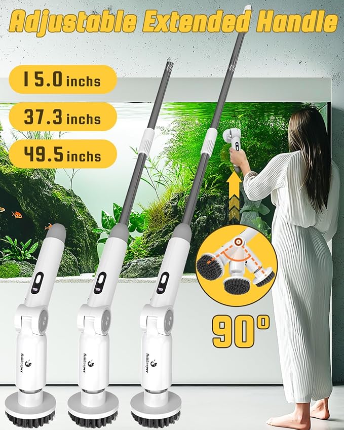 fishkeeper 8-in-1 Electric Aquarium Cleaning Brush - IPX9 Waterproof, LED Screen Handle w/ 2 Speed-Control & Battery Display USB Rechargeable Spin Fish Tank Cleaner Tools Kit with 8 Scrubbers