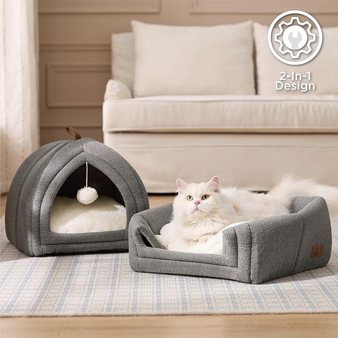 Bedsure Cat Beds for Indoor Cats - 2 in 1 Cat Cave House Tent for Kittens and Small Pets with Removable Washable Cushioned Pillow, Foldable Kitten Hideaway with Non-Slip Bottom, Grey, 17.3 inches