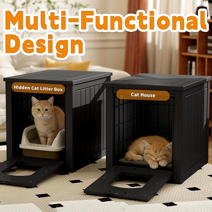Cat Litter Box Enclosure, Multi-Functional Hidden Cat Litter Box Furniture & Indoor Outdoor Cat House with Side Table Design, Openable Front Door & Raised Floor, Easy to Clean & Assemble, Black