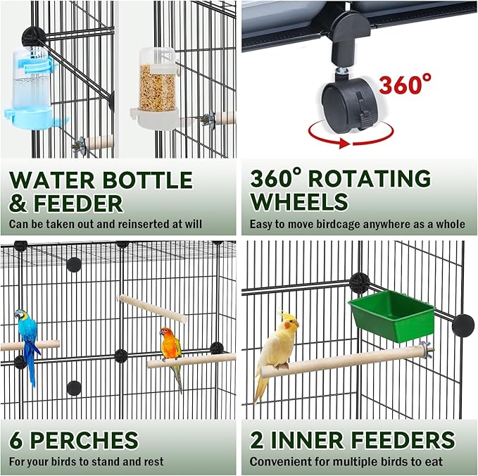 Encrypted Bird Cage (46" x 36" x 12"), with Wooden Perches, Metal Parakeet Cage with Slide-Out Tray, Water Bottle&Feeder, Bird Cages for Parrot,Parakeets,Cockatiel,Small Mid-Sized Birds