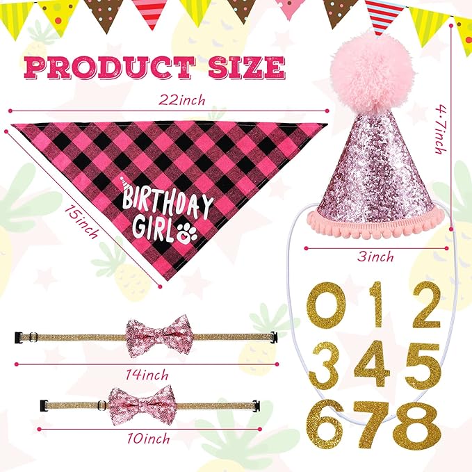 Weewooday Dog Birthday Party Supplies Birthday Boy Girl Cake Bandana Triangle Scarf Party Hat Dog Bow Tie Collar with Numbers for Large Medium Small Dog Puppy 1st Birthday(Sweet Style,Medium)