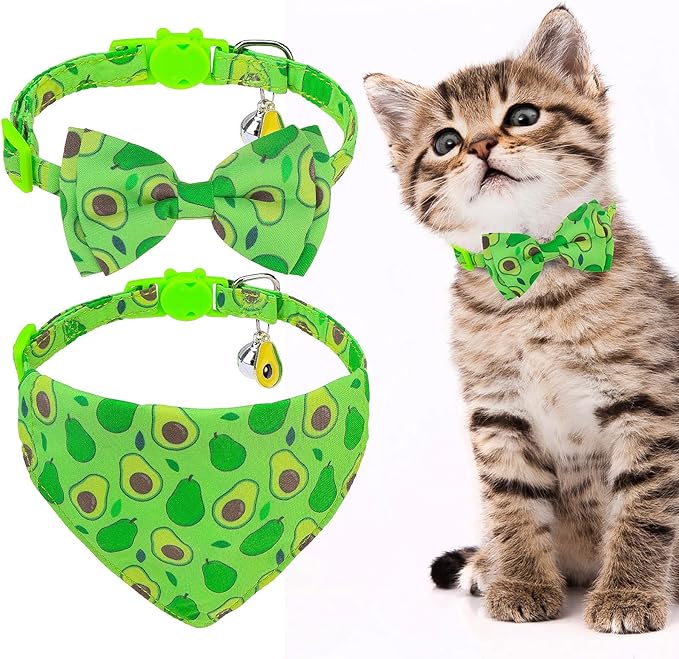 EXPAWLORER Cute Cat Collar Breakaway with Bells - 2 Pack Fruit Adjustable Pet Collar with Removable Bow Tie and Bandana, Safety Buckle for Girl Boy Cats Kitten, Avocado