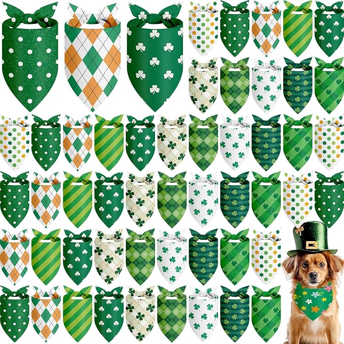 Weewooday 50 Pcs St Patricks Day Bandanas Bulk for Dogs Adjustable Irish Shamrocks Clover Green Plaid Triangle Soft Bibs Puppy Bandana for Small Medium Large Cat Pet Costume(31.5 x 21.7 X21.7 Inch)