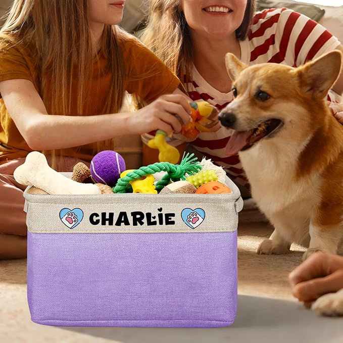Personalized Dog Toy Storage Basket Custom Collapsible Toy Bin with Pet's Name and Photo-Rectangular Storage Organizer for Dog' Toys Clothing Blankets