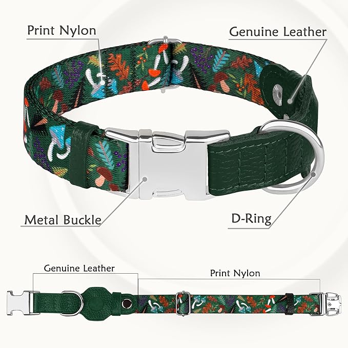 AirTag Dog Collar for Small Medium Large Breed - Adjustable Cute Pattern Dog Collar with Airtag Holder - Soft Leather Tracker GPS Apple Air Tag Pet Collars (Small, 12"-15" Neck Fit, Mushroom)