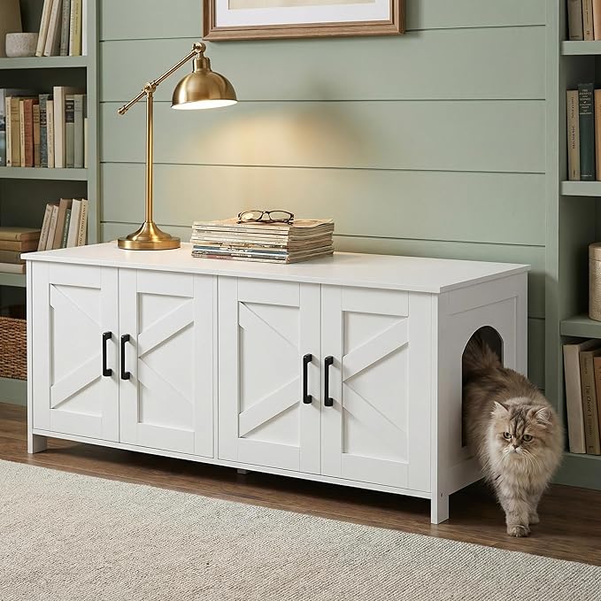 Homhedy Cat Litter Box Enclosure For 2 cats, Litter Box Furniture Hidden with Double Room,Wooden Cat Washroom Furniture,Cat House,47.2”L x 19.7”W x 19.7”H,White