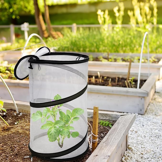 4 Pcs Pop Up Insect Barrier Plant Cover Net, 19.6" x 11.8" Round Foldable Plant Protectors Mesh Plant Enclosure, Garden Net Cage Guard Cover with Stakes & Carry Bag for Protect Plants from Bird Insect