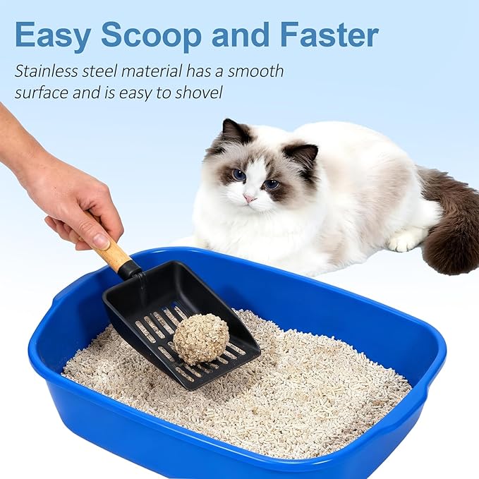 Cat Litter Scoop, Metal Litter Scoop, Heavy Duty Metal Cat Scooper for Litter Box, Black Sifter Scoop for Pellets, Wooden Handle Scoop with Hole, Kitty Necessity (5.5" Handle)