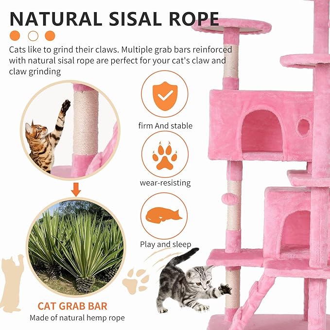 Cat Tree for Indoor Cats, Multi-Level Cat Tower with Scratching Posts & Cozy Condo, Space Saving Cat Activity Center, Durable Pet Play House (54in,Pink)