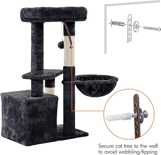 Topeakmart Cat Tree Tower for Indoor Cats, 34.5in Cute Cat Tree Activity Center with Condo & Scratching Post, Multi-Level Cat Climbing Tower Play House w/Large Perch, Platform, Basket, Black