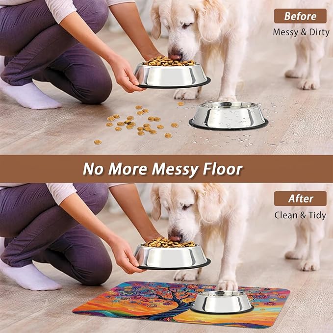 Abstract Tree Flowers Dog Food Mat for Floors,Color Absorbent Pet Food and Water Bowl Mats,Non-Slip Pet Feeding Mat,Pet Supplies 16" x 24"