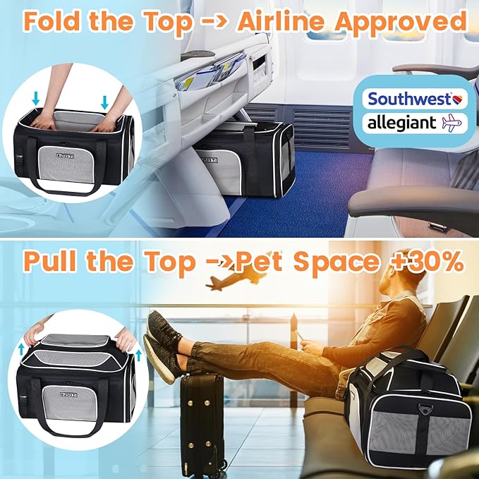 Petskd Top-Expandable Pet Carrier 19x13x9 Inches Southwest Allegiant Airlines Approved, Soft-Sided Carrier for Small Dog Under 12 lbs and Large Cat Under 15 lbs(Black)
