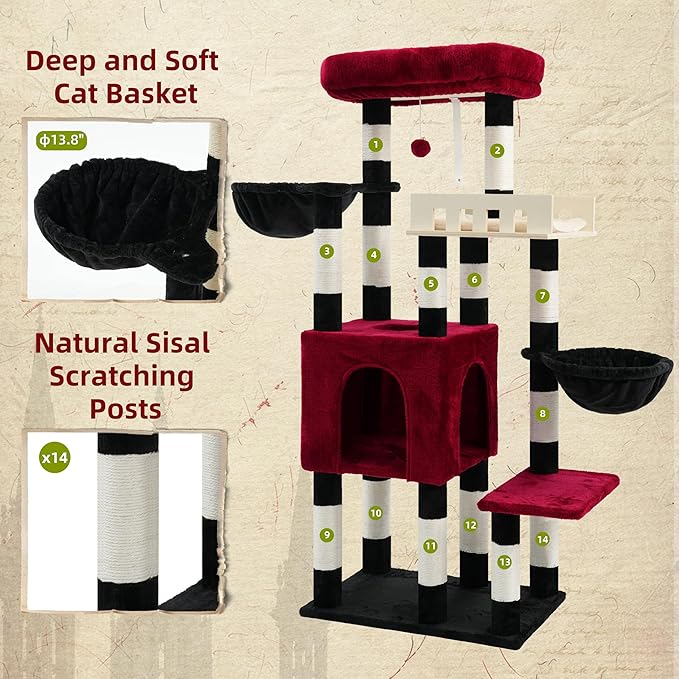 Cat Tree for Indoor Cats Large Adult, Heavy Duty Cat Tree for Large Cats 20 lbs+, Cat Condo with Big Wooden Perch, Cat Tower with 14 Scratching Posts, Hammock, Black GCT023BR
