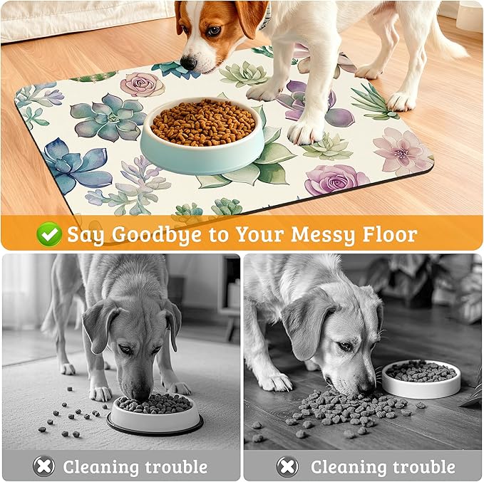 Dog Bowl Mat,Cactus Pet Feeding Mat for Floors Waterproof,Succulents Absorbent Dogs Placemat for Food and Water Quick Dry Pet Cat Feeding Mats with Non Slip Bottom 16" x 24"