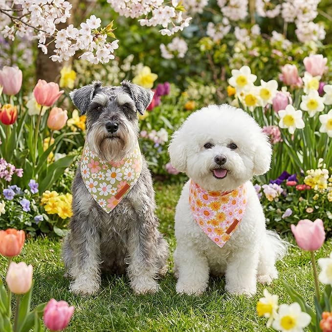 ADOGGYGO Floral Dog Bandanas 2 Pack, Daisy Flower Puppy Scarf, Premium Fabric, Adjustable Fit Spring Summer Floral Bandanas for Small Dogs (Small)