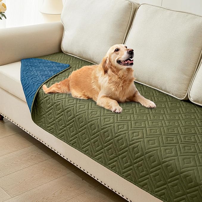 hyha Waterproof Dog Blanket, Soft Pet Bed Blankets, Waterproof Sofa Couch Cover for Dogs Washable, Reversible Pet Couch Covers for Sofa Furniture (30x90 Inch, Green/Navy Blue)