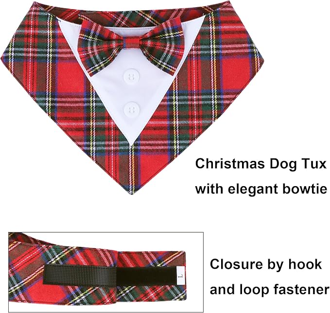 ADOGGYGO Christmas Dog Tuxedo Bandana, Red Plaid Pet Chritstmas Collar with Bowtie, Adjustable Christmas Costume for X-Small Dogs Pets (XS)