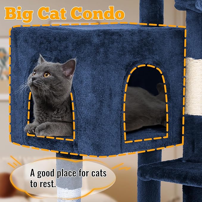 FDW 37.8 inch Cat Tree Cat Tower for Indoor Cats with Scratching Posts,Multi-Level Cat Furniture Activity Center Stand House Cat Condo Modern Cat Tower with Hanging Cradle & Funny Toy,Navy Blue