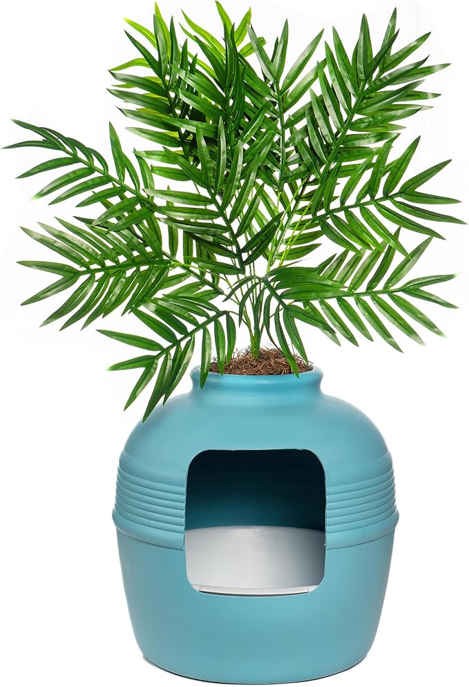 Good Pet Stuff Hidden Litter Box Planter, Decorative Cat Litter Enclosure with Carbon Filter, Artificial Plant, Easy Clean, Indoor Design, Original Round Style, Essentials Kit, Caribbean Blue