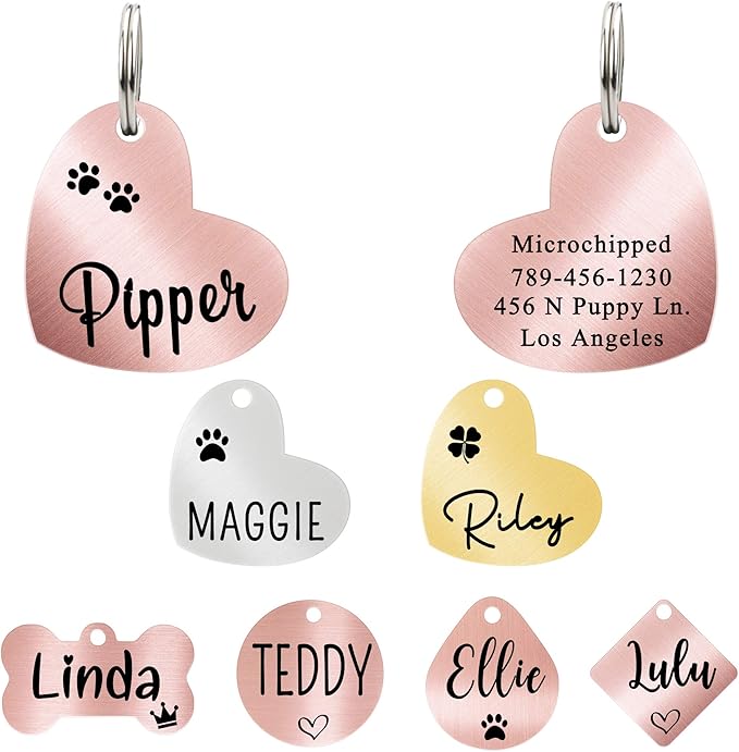 Ultra Joys Custom, Personalized Pet ID Tag, for Dogs, Brushed Stainless Steel Heart Dog Tag Rose Gold Medium
