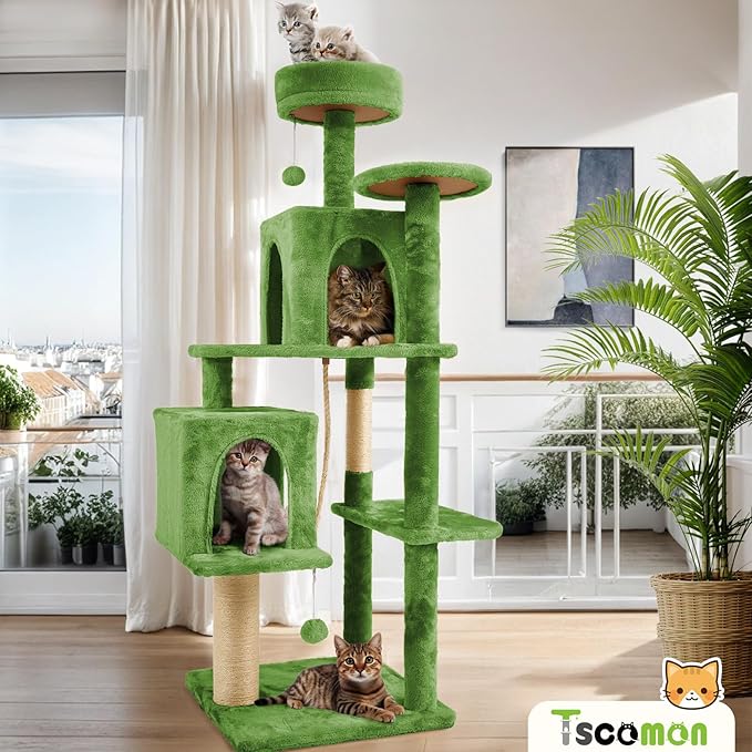 58.5inch Large Cat Tree Tower Condo for Indoor Cats, Soft Plush Multi-Level Climbing Tree Cat House with 1 360° Rotating Cat Cave, Scratching Post, More Entrance/Exit, Sisal Rope, Green