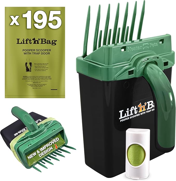 Neater Pet Brands Lift N’ Bag 2.0 Dog Pooper Scooper with Bag Attachment for Small to Large Dogs, New & Improved Design, 195 Refill Bags, Heavy Duty Dog Poop Scooper for Yard & Walks, One-Hand Use