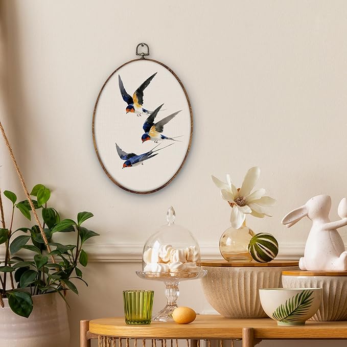 DILSJ Vintage Swallow Bird Oval Wall Art Decor, Rustic Nature Bird Canvas Wall Art Framed, Watercolor Japanese Swallow Hanging Decorations for Home Living Room Bedroom, 11x8.5 Inch