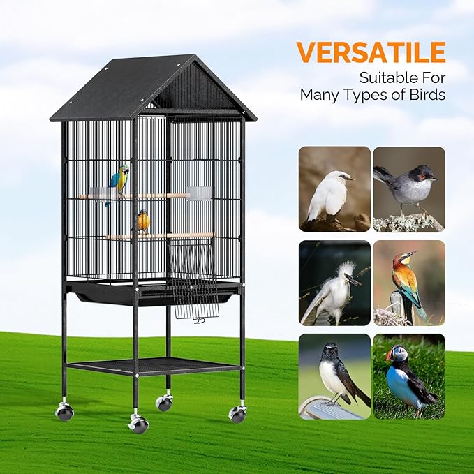 VINGLI Bird Cage with Rolling Stand for Parrots, Cockatiels, Budgies, Lovebirds, Small/Medium Birds (50" H with Spire Roof)