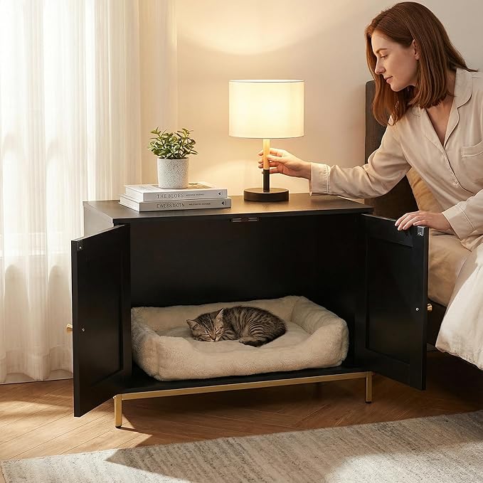 Homhedy Cat Litter Box Enclosure, Cat Washroom Furniture with Metal Frame, Pet House, Fit Most of Litter Box, Modern Style, Black and Gold
