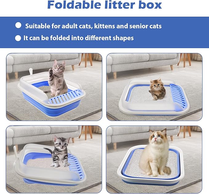 kathson Collapsible Kitten Litter Box,Foldable Anti-Splashing Small Kitty Litter Box Low Entrance Cat Potty Pan with Falling Sand Pedal Waterproof Portable Cat Toilet for Kittens (Blue)