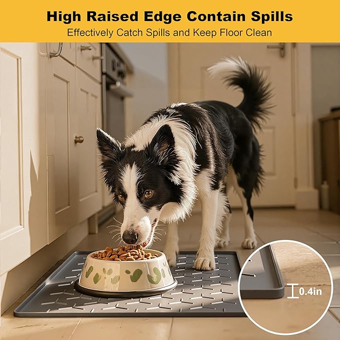 Pieviev 34''x22'' Dog Cat Food Bowl Mat, Silicone Waterproof Food Grade Pet Food Mat for Floor, High Raised Edge to Prevent Spills, Non-Slip & Easy Clean Pet Placemat for Dog & Cat Bowls, Dark Gray