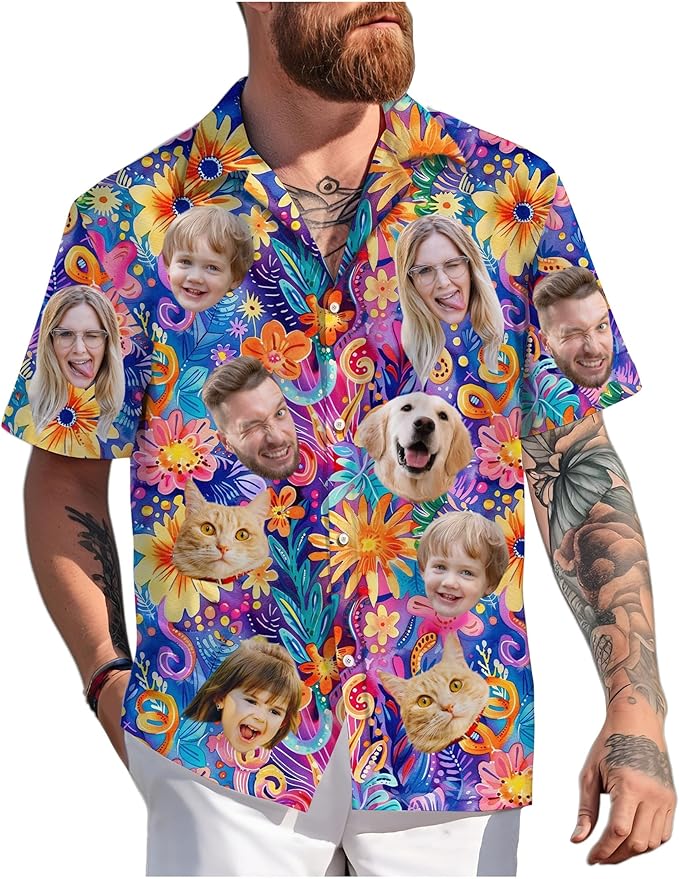 Custom Hawaiian Shirt with Face Photo Picture for Men Women Kids Youth Adult, Tropical Personalized Hawaiian Shirts Gift