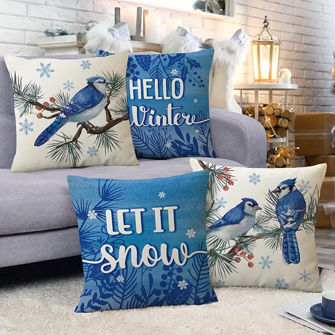 Fahrendom Hello Winter Bluebird Decorative Throw Pillow Covers 18x18 Set of 4, Let It Snow Blue Jay Branch Porch Patio Outdoor Pillowcase, Christmas Pine Needle Red Berry Sofa Cushion Case Home Decor