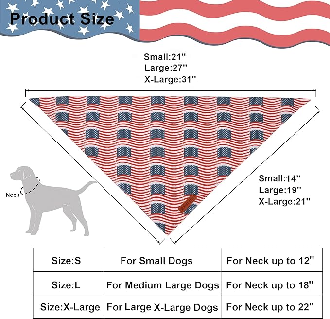 ADOGGYGO American Flag Dog Bandana 2 Pack, Reversible White Red USA Flag Pet Scarf Bib, Adjustable Fit 4th of July Bandanas for Medium Large Dogs Pets (Large)