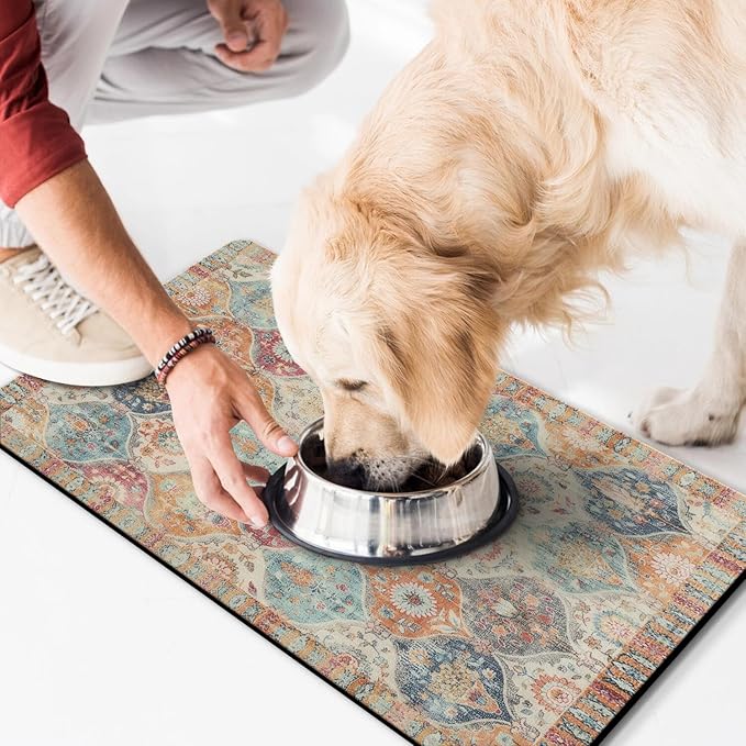 Moroccan Trellis Dog Food & Water Mat, Mexican Talavera Boho Colorful Pet Feeding Mat for Floor Non-Slip Waterproof, Super Absorbent Cat Bowl Mat, Easy to Clean Durable Pet Placemat,17" × 30"