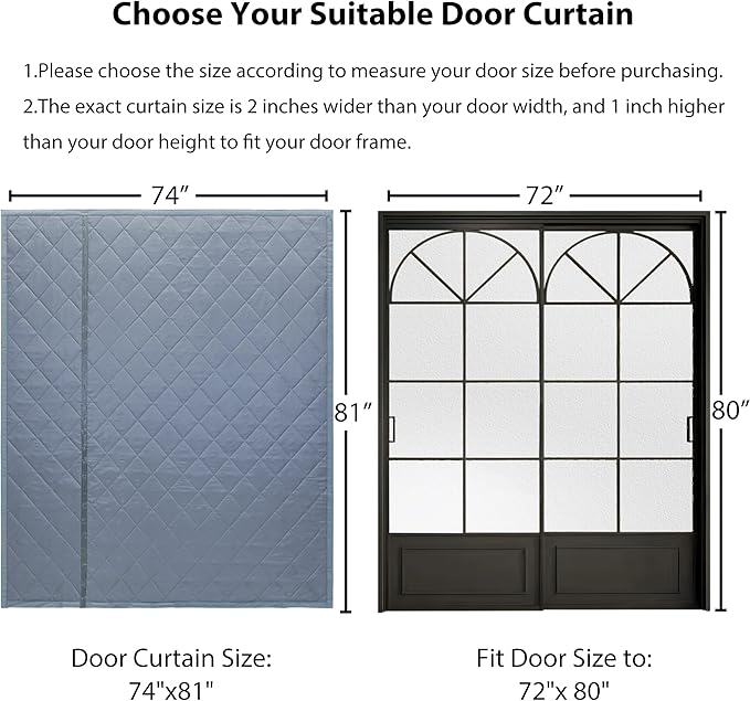 Reversible Wide Magnetic Thermal Insulated Door Curtain for Winter,Thicken Polyester Fiberfill & Heavy Duty Oxford Cloth,Temporary Window Insulation Cover Curtain for French Sliding Door,74”x81,Grey