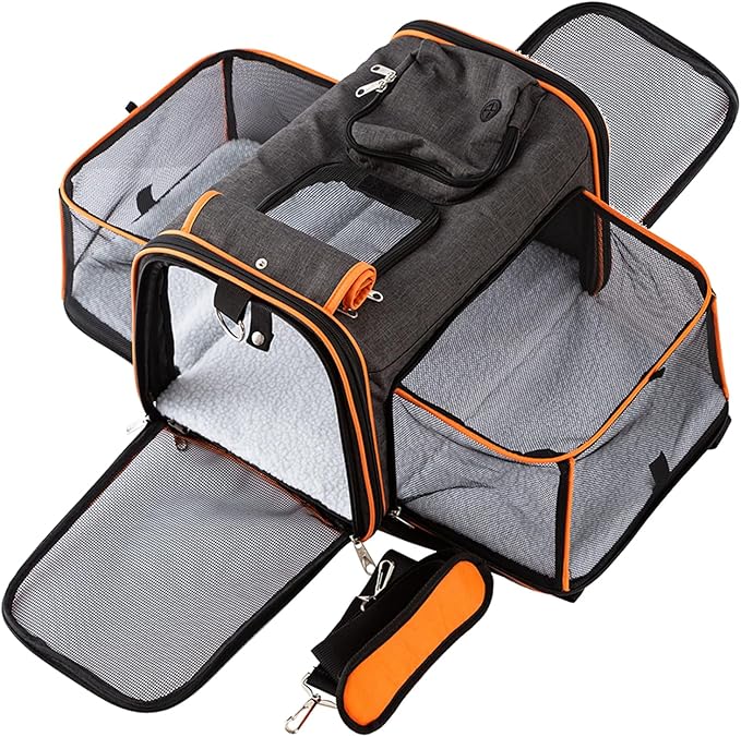 TSA Airline Approved Expandable Pet Carrier, 17"x11"x11" 5-Side Entry Soft-Sided Collapsible Cat Dog Carrier (up to 15 lbs), with Alloy Frame & Removable Wool Mat for Travel